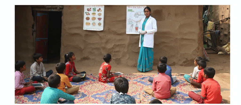 Teacher conducting outdoor Girl's education class for young girls